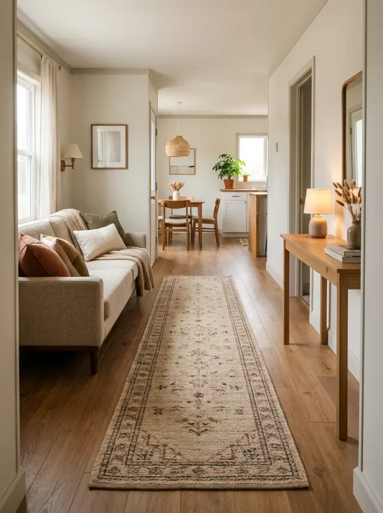 Long runner aligned with the length of a narrow single-wide living area.