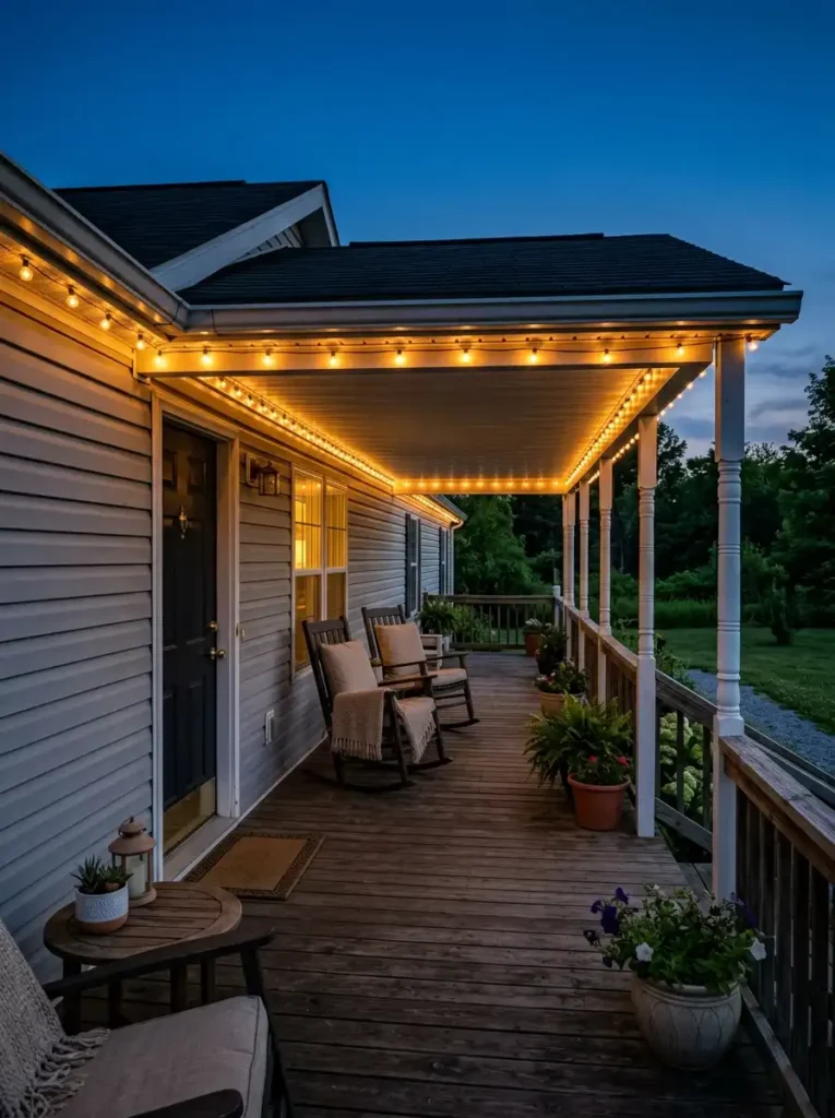 Mobile home porch at blue hour with warm string lights following the ceiling edge above seating and summer plants.