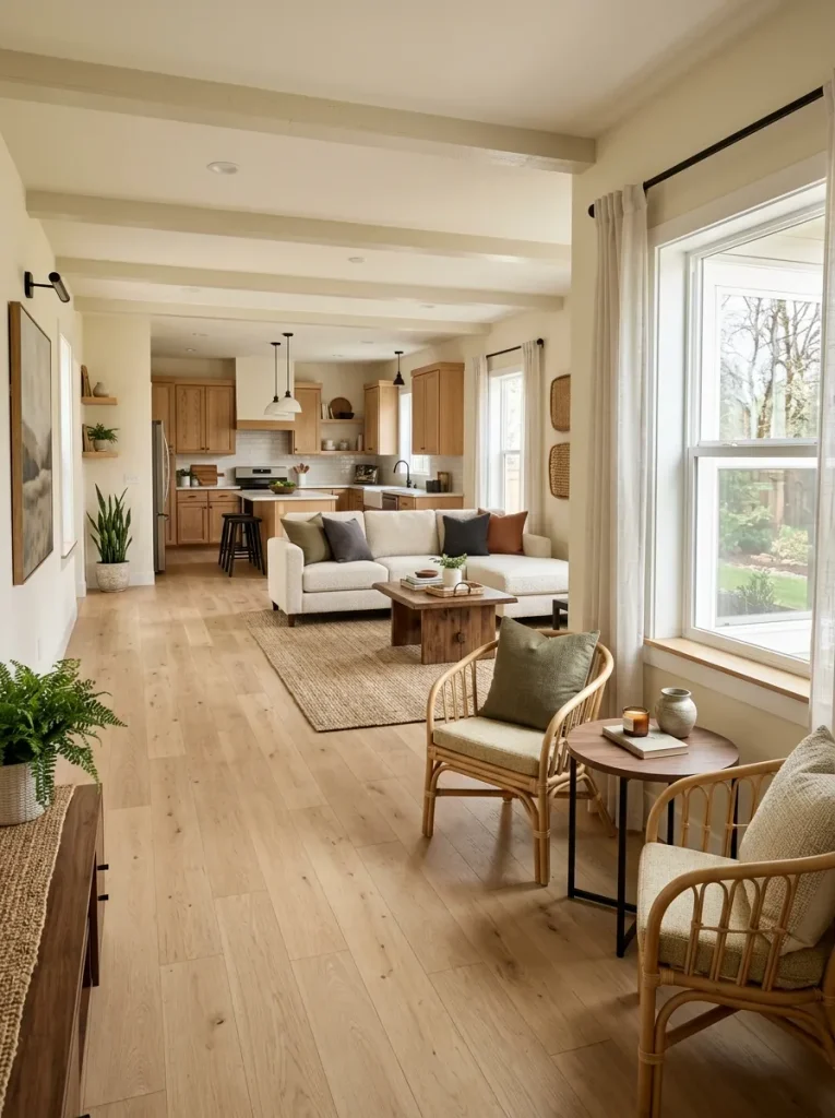 Secondary seating pocket at the edge of a double-wide living area while the main circulation lane remains open.