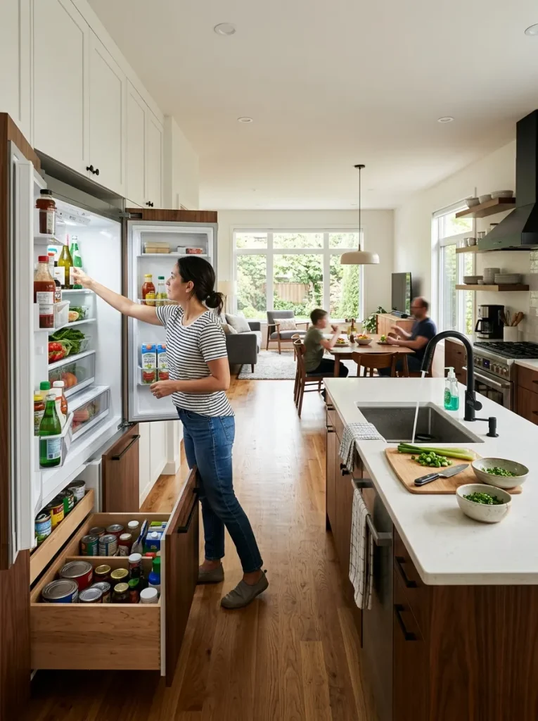 Double-wide kitchen with the refrigerator open while the adjoining circulation route remains usable.