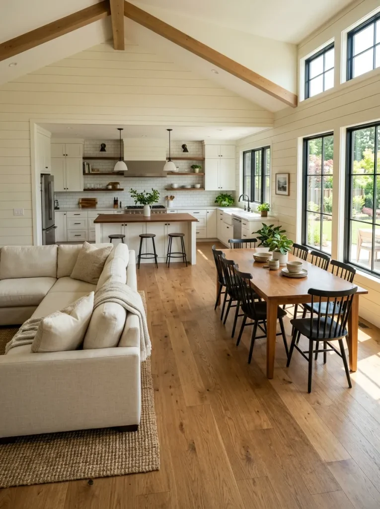 Staggered sofa, dining table, and kitchen island creating an open cross-house route in a double-wide interior.