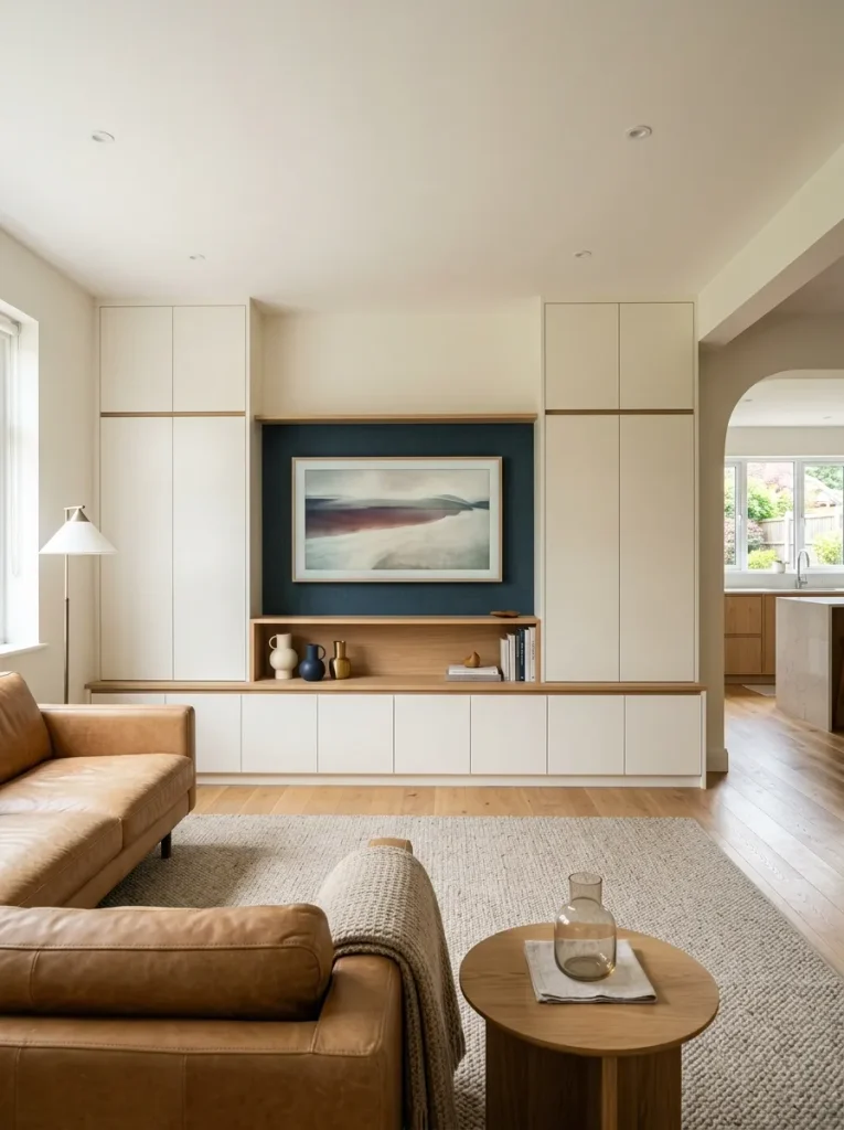 Modern double wide living room with one coordinated wall-to-wall media and storage elevation.