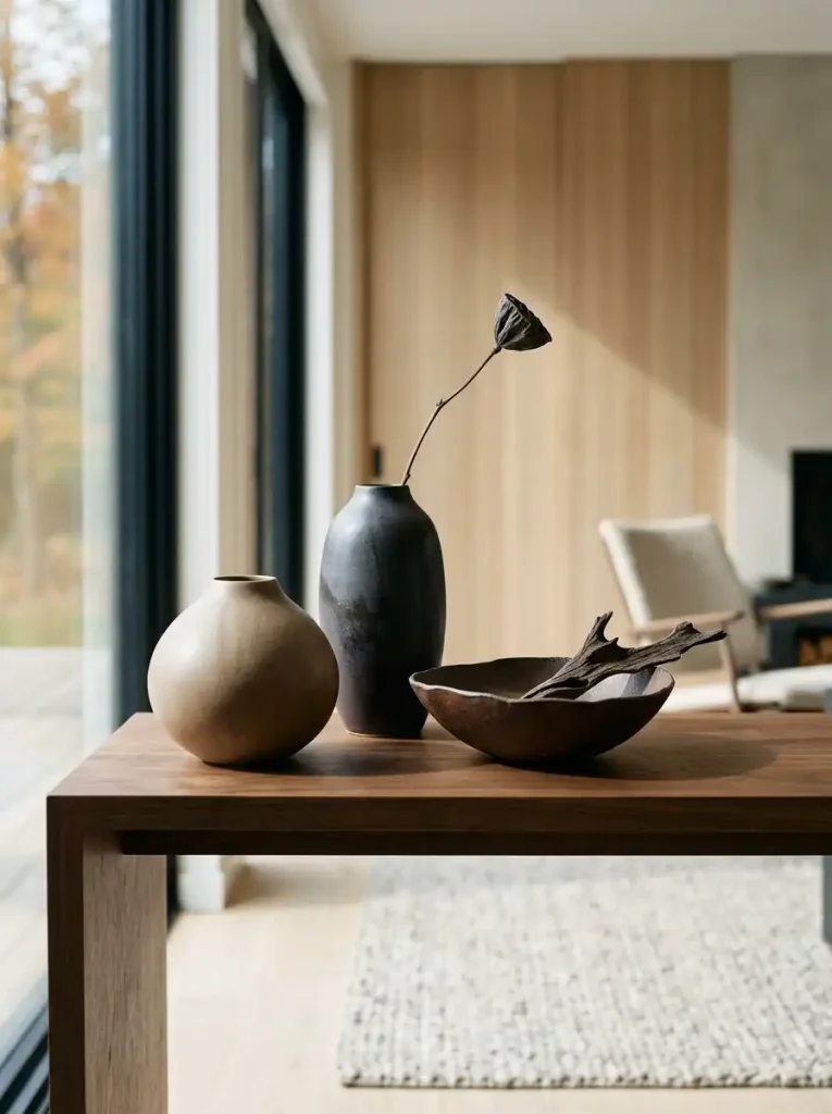 Sculptural ceramic fall décor with rounded organic forms, dark stoneware, walnut, and restrained autumn colors.