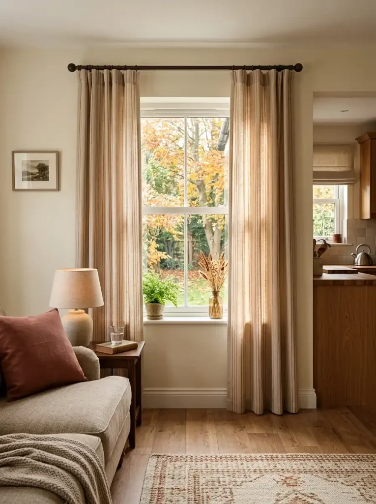 Mobile home living room window with flax curtains featuring a subtle muted rust stripe for fall