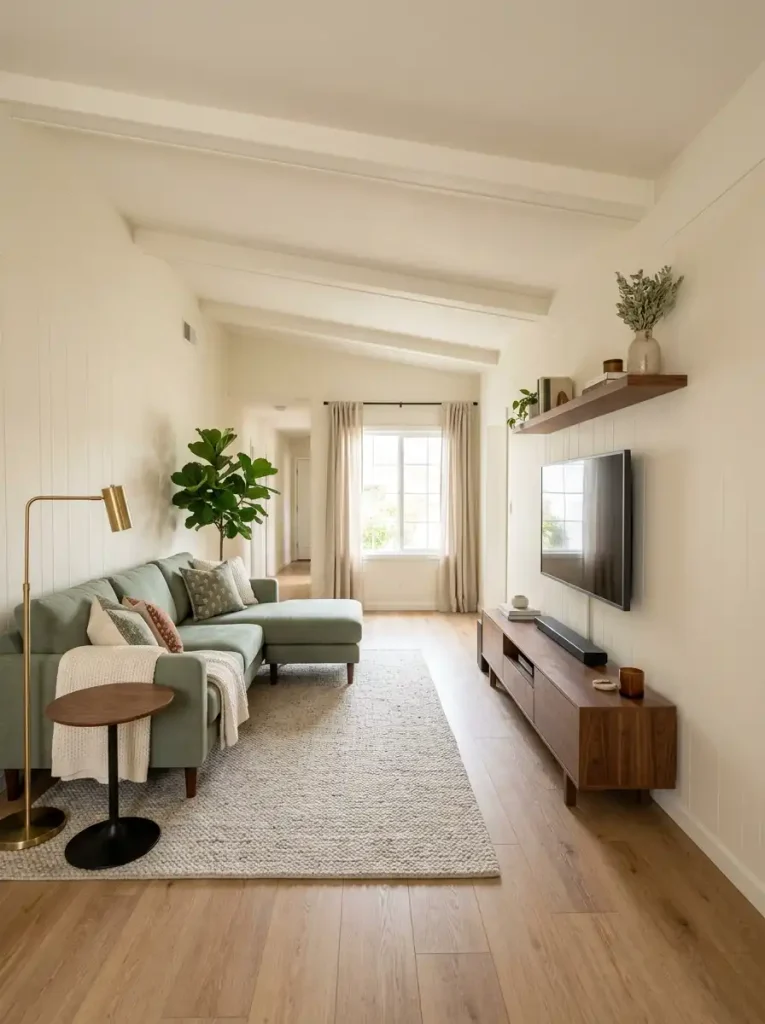 Single-wide living room with a shallow TV console preserving space between the media wall and sofa.