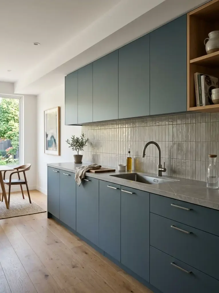 Single wide kitchen balancing matte cabinetry, a softly honed counter, textured backsplash, and brushed metal hardware.