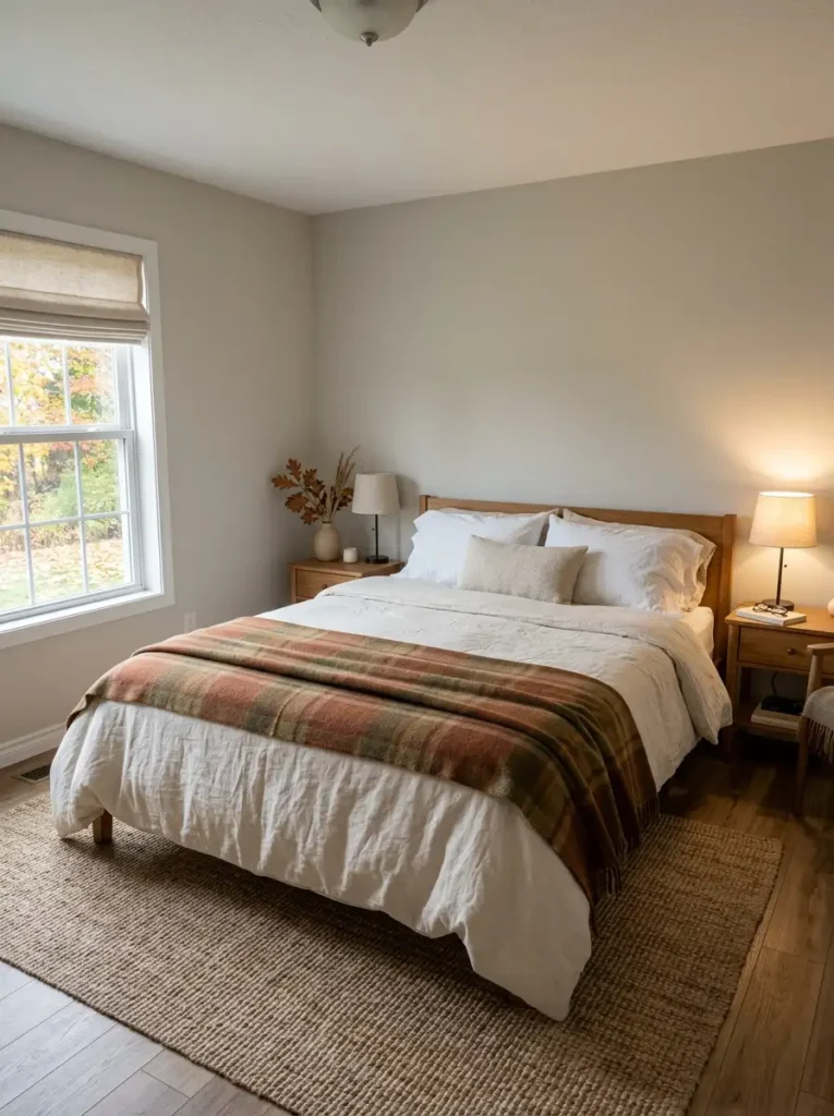 Double wide bedroom decorated for fall with neutral bedding and a muted rust quilt layered across the lower third of the bed.