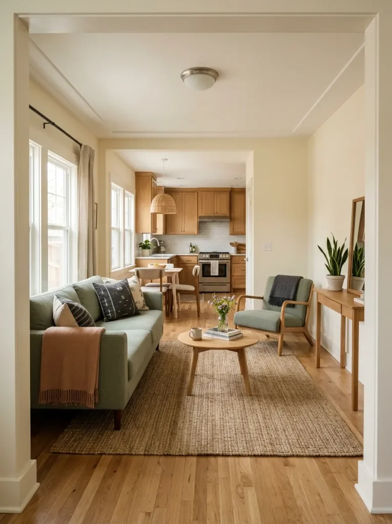 Narrow single-wide living room with sofa and chair arranged across the room to reduce the hallway effect.