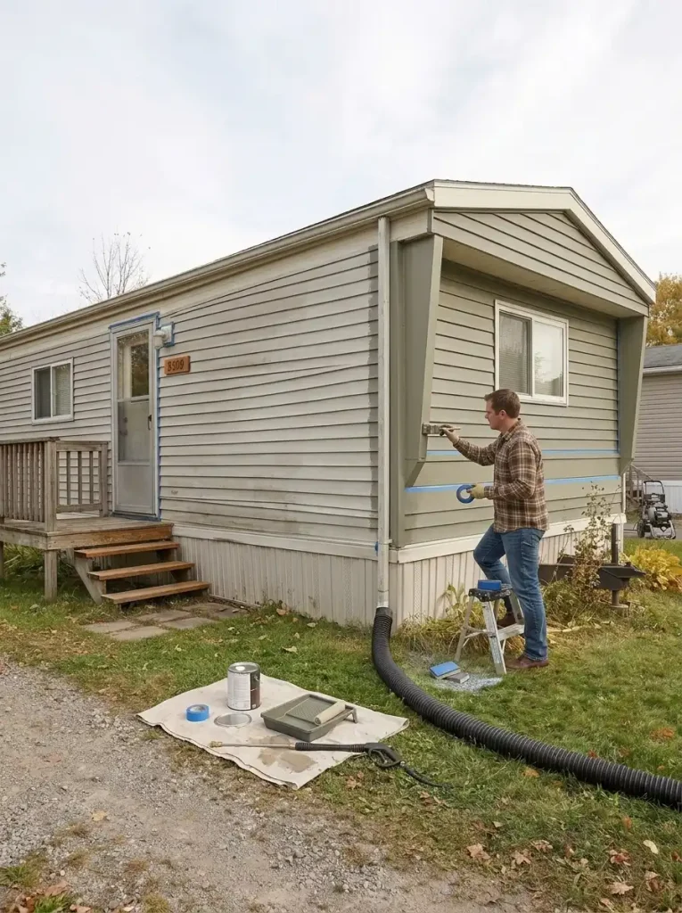 Mobile home siding renovation in progress with weathered siding being prepared and refinished in muted olive gray.