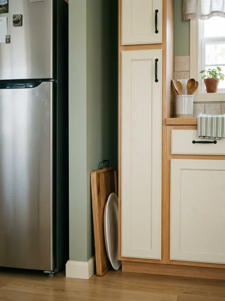 Narrow gap beside single-wide kitchen cabinets used neatly for one simple storage purpose.