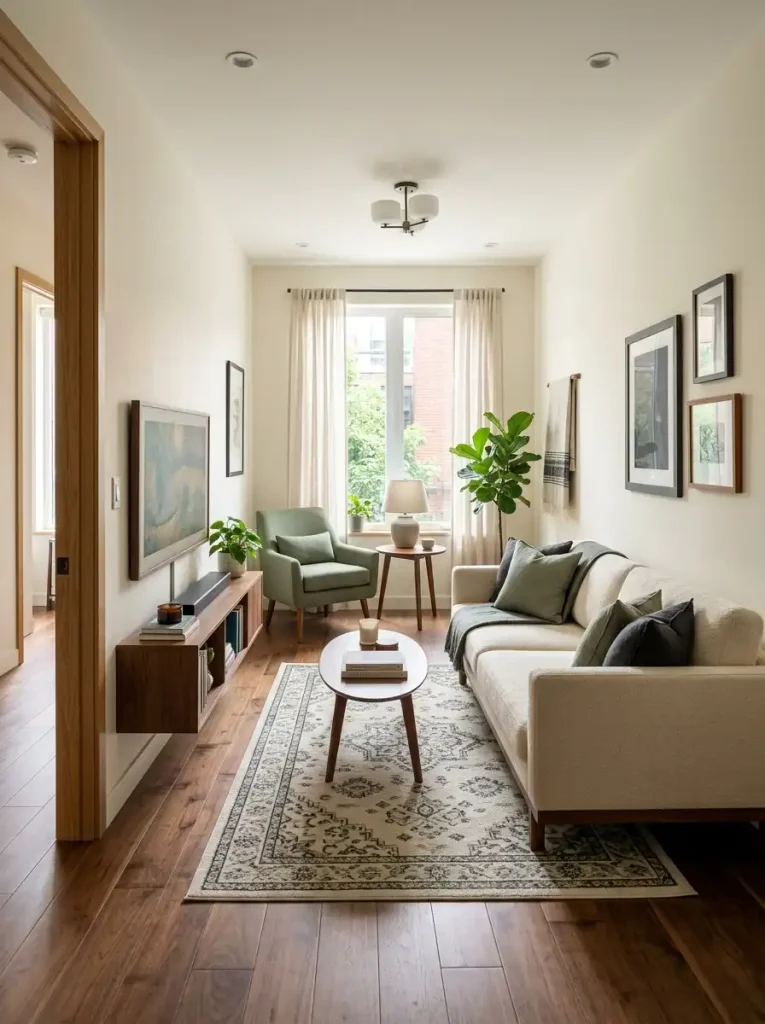 Streamlined sofa leaving a clear circulation lane in a narrow single-wide living room.