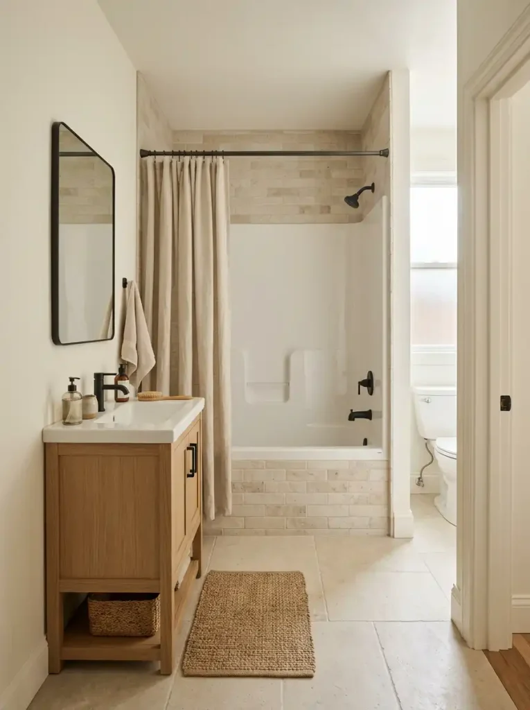 Compact bathroom with curtain, tile, and wall colors kept within a soft related value range.