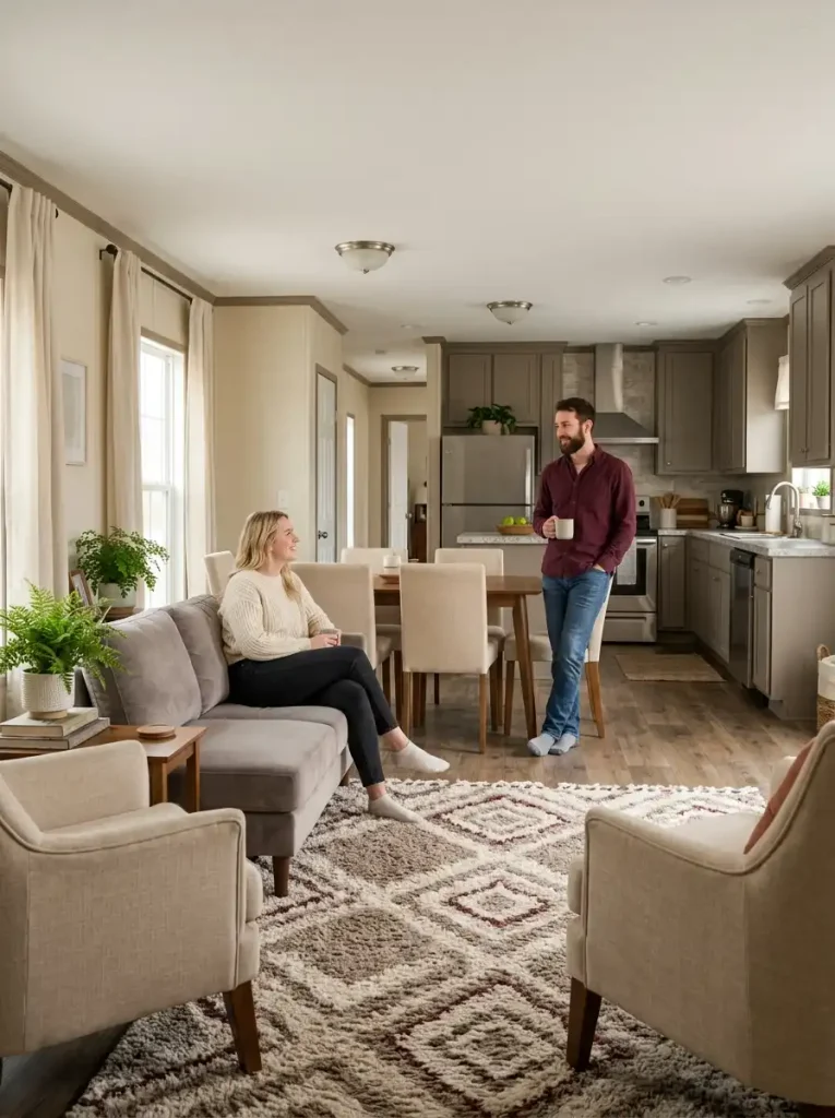 Soft seating, rug, and curtains concentrated around the social center of an open single wide beside a harder kitchen zone.