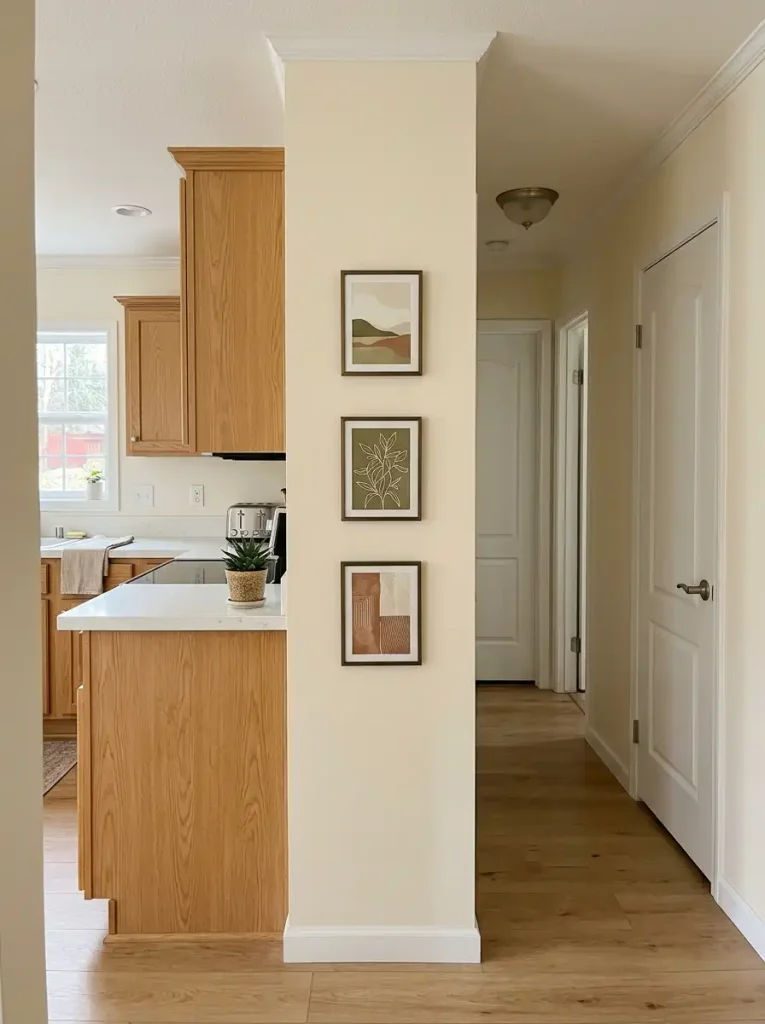 Three framed artworks stacked vertically on a narrow wall section beside a walkway in a single wide mobile home.