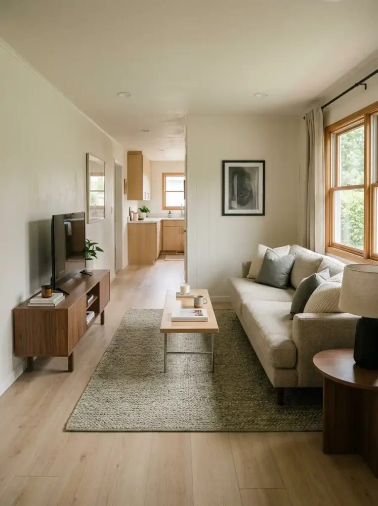 Narrow single wide living room with a deeper sofa on one wall and a shallow media console on the opposite wall.