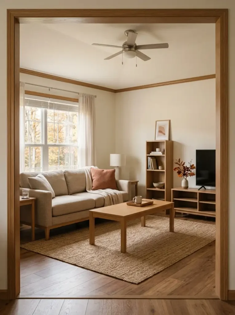 Edited mobile home living room with open coffee table and shelf space, neutral furniture, and a few restrained fall accents.