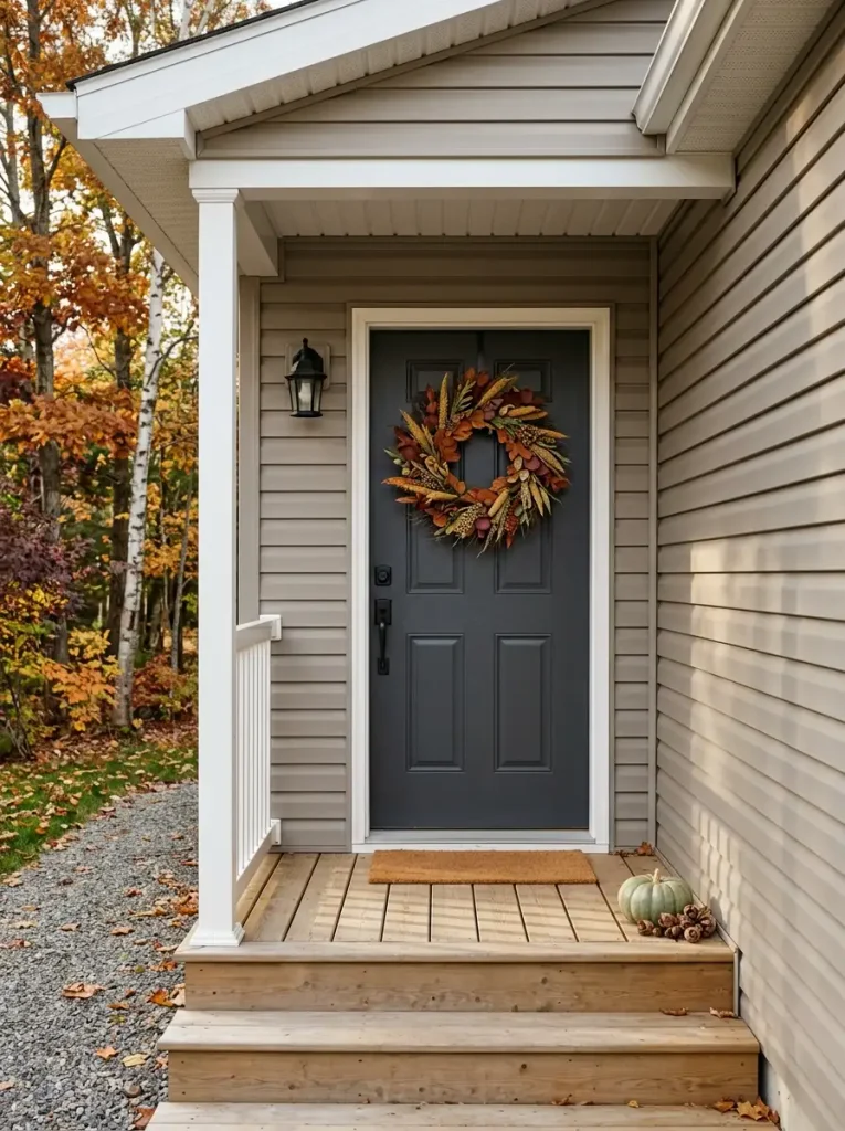 Charcoal mobile home front door with a large rust, burgundy, ochre, and olive autumn wreath.