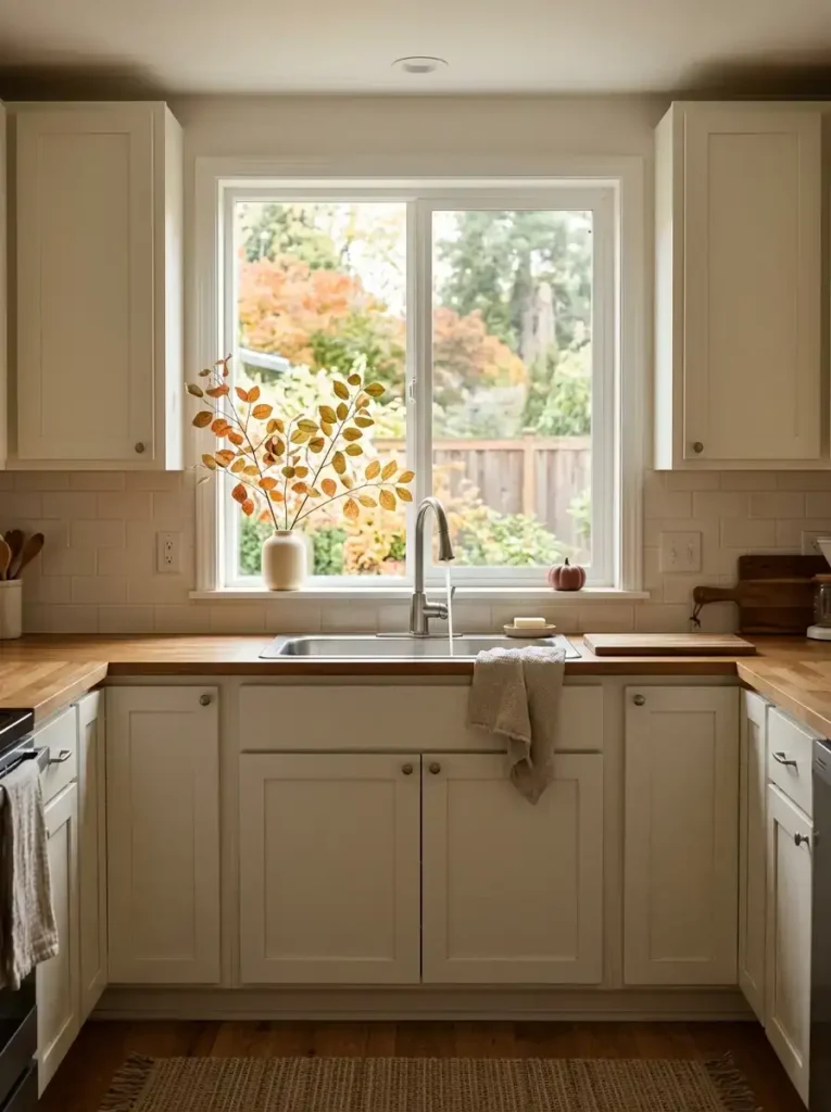 Mobile home kitchen sink window styled with low autumn branches and a small pumpkin while keeping the window bright and open.