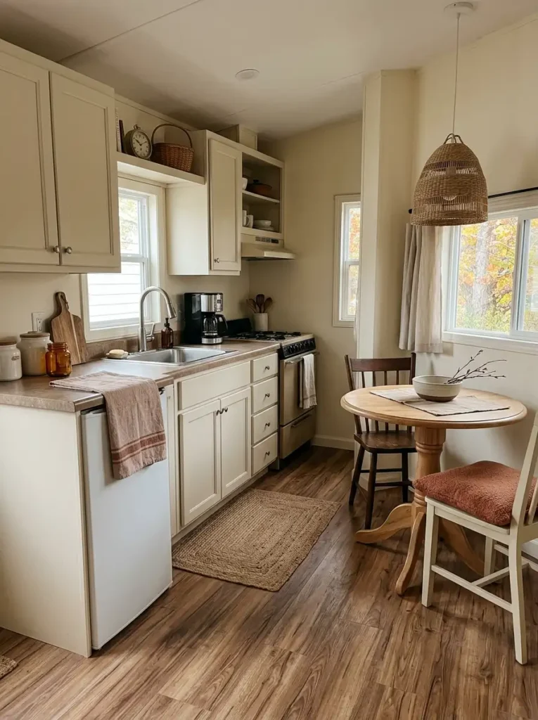 Small mobile home kitchen and breakfast nook connected by matching muted rust accents and warm natural materials.