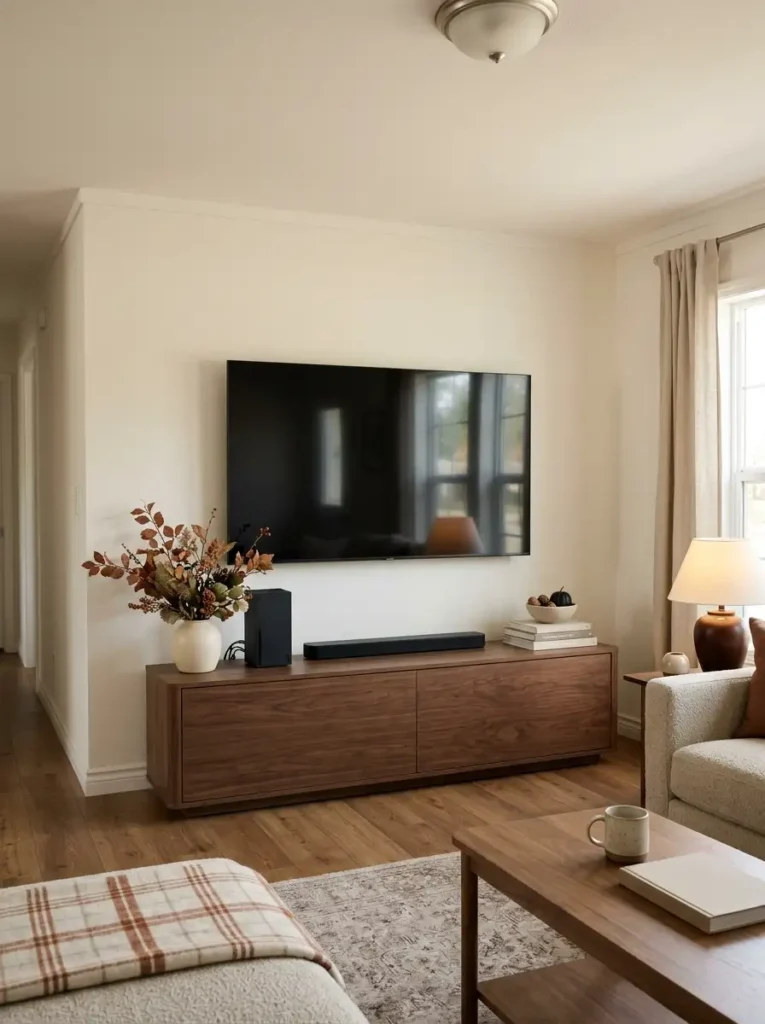 Double wide TV wall styled for fall with a walnut media console, low rust branch arrangement, neutral decor, and clear electronics.