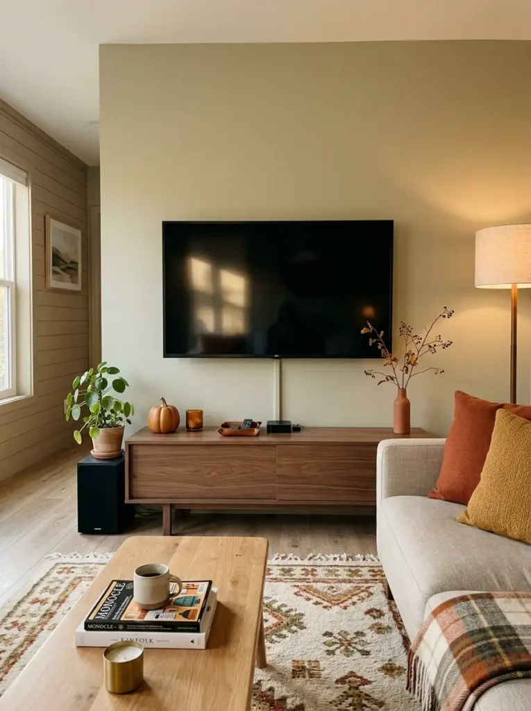 Fall mobile home TV wall with black television, walnut media console, small terracotta arrangement, autumn branches, and open center space.