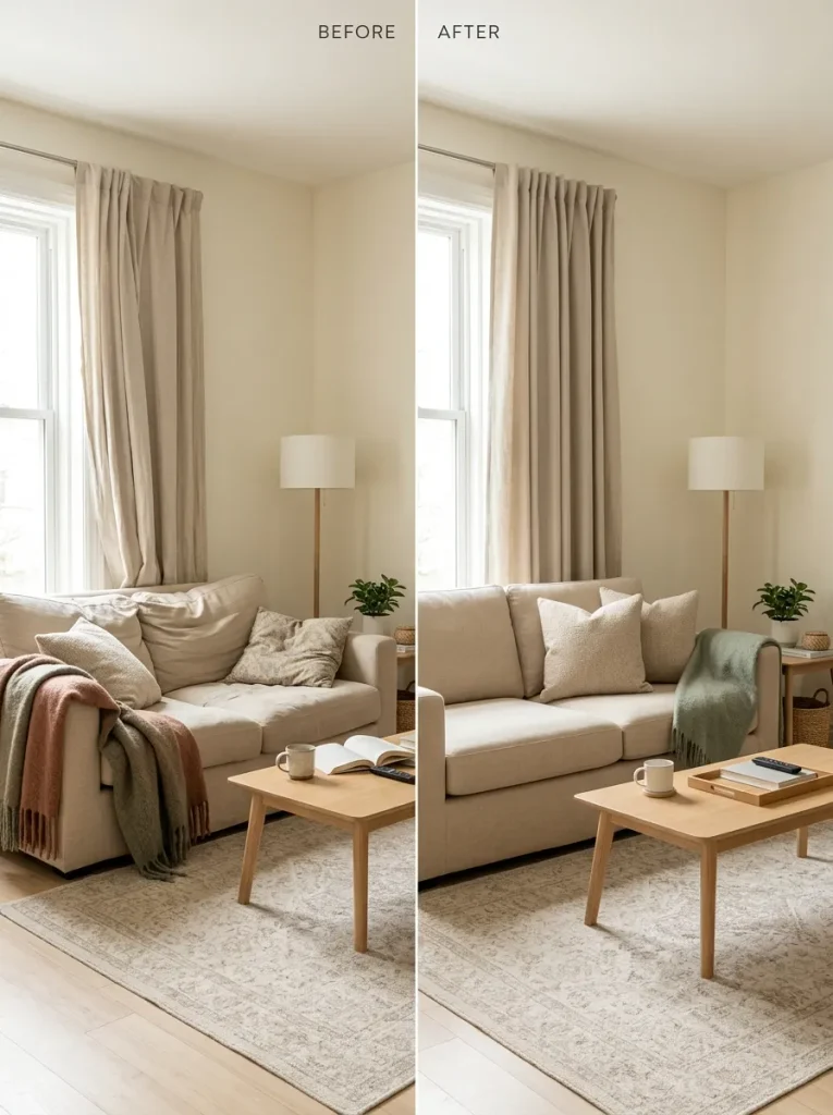 Before-and-after single-wide living room showing the same textiles before and after curtains, cushions, and throws are neatly reset.