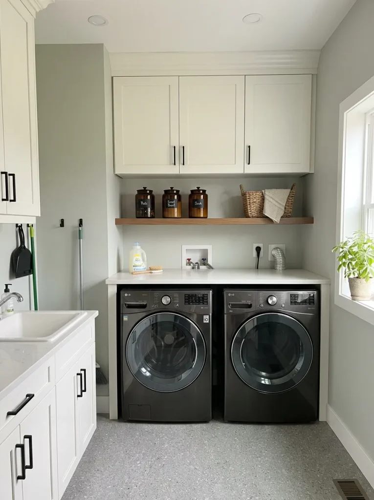 Double-wide laundry room with cabinets and one open shelf using the wall above the washer and dryer while keeping the floor clear.