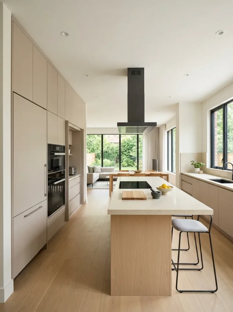 Modern double wide kitchen with a coordinated tall pantry and appliance wall reducing countertop clutter in the open plan.