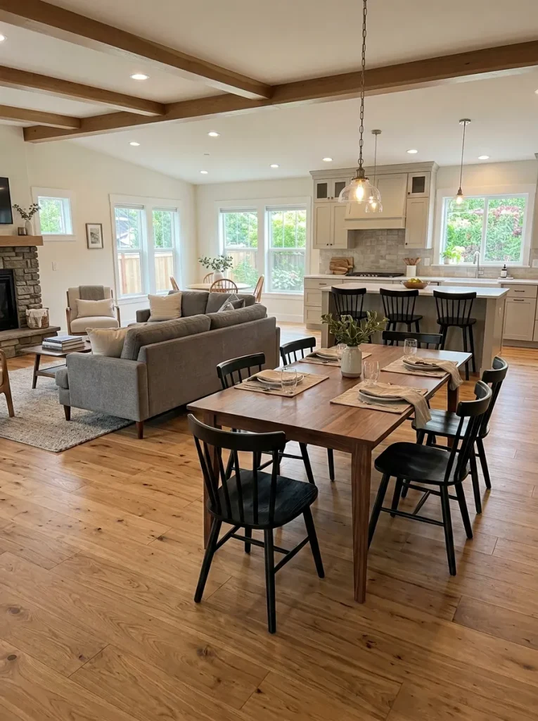 Dining table in a double-wide open concept positioned so pulled-out chairs remain outside the main cross-house circulation route.