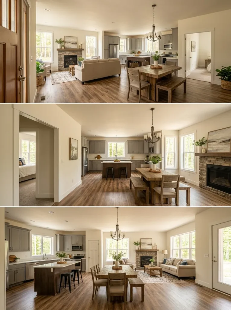 Three views of the same double-wide open concept from the front entry, bedroom hall, and secondary-door side.