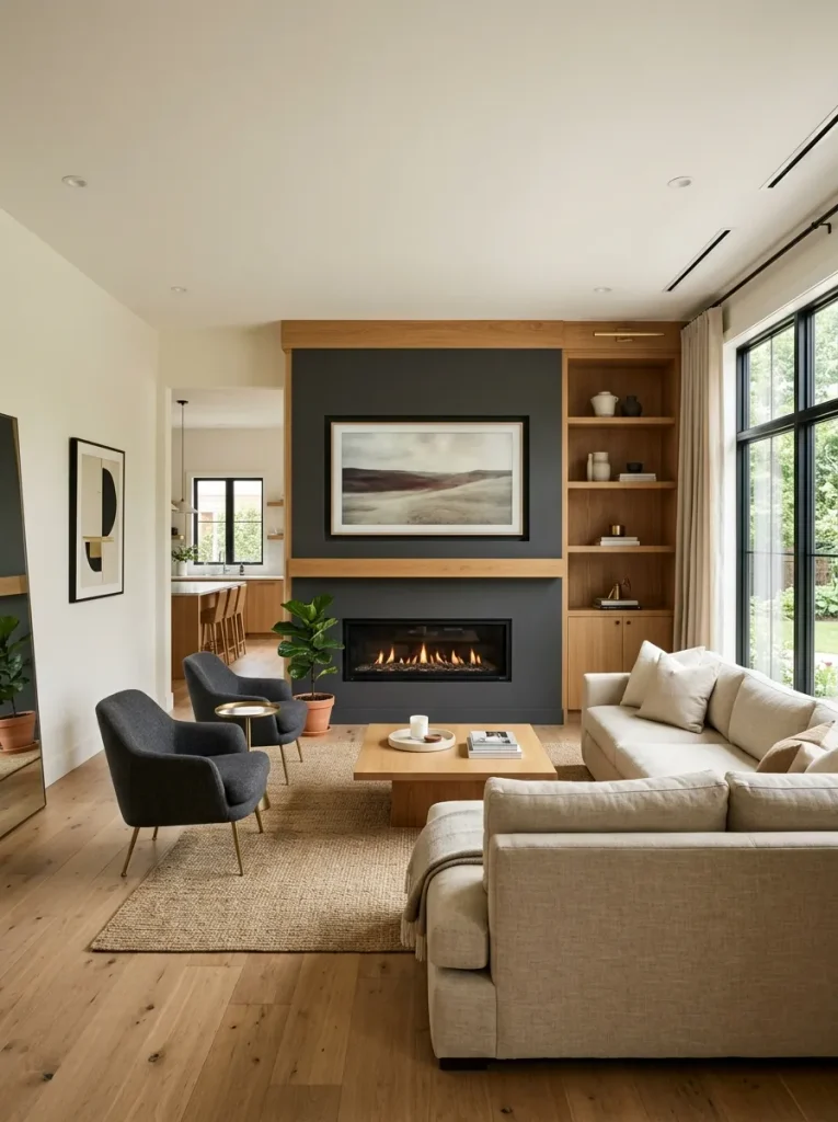 Double-wide living room where the television and fireplace form one unified focal wall facing the seating area.