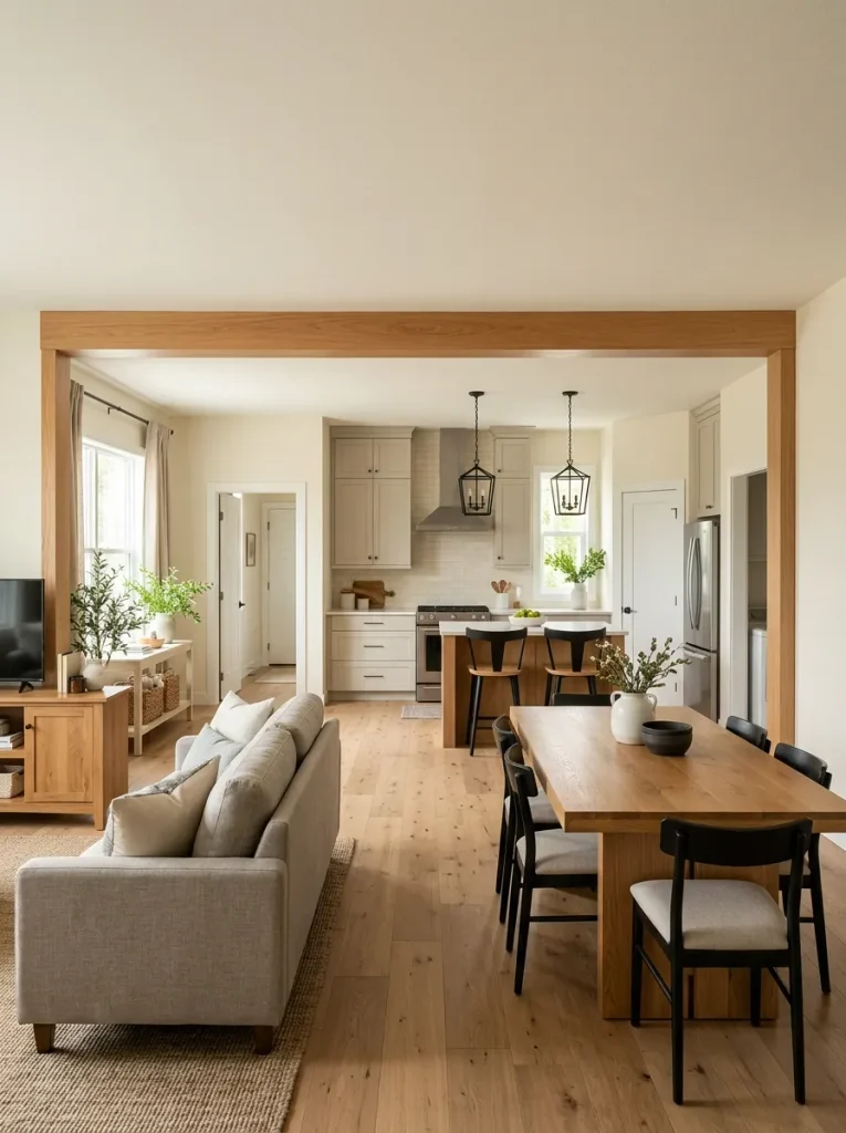 Warm wood beam and trim frame the kitchen opening in a double wide while related wood tones repeat in nearby furniture.