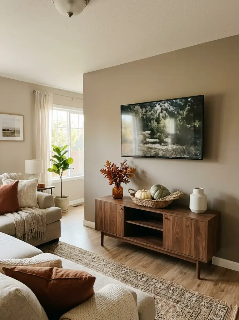 Fall-styled TV console in a mobile home with amber glass, muted pumpkins, woven accents, and clear space below the television