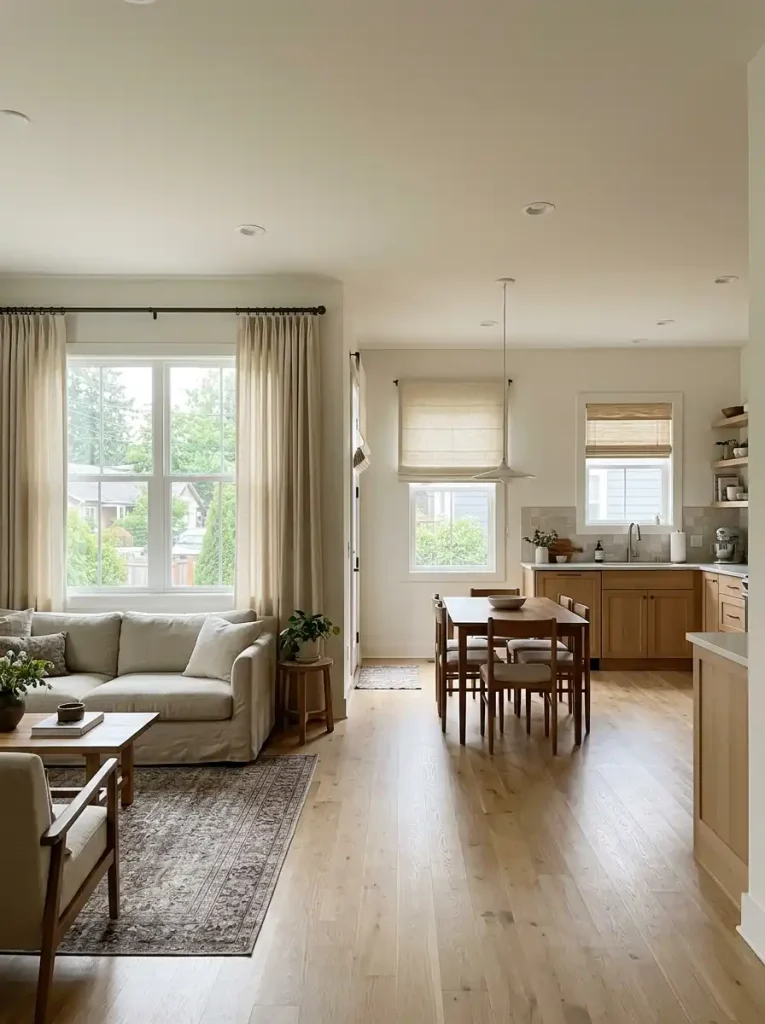 Connected single wide rooms using different window treatments unified by similar tones and hardware.