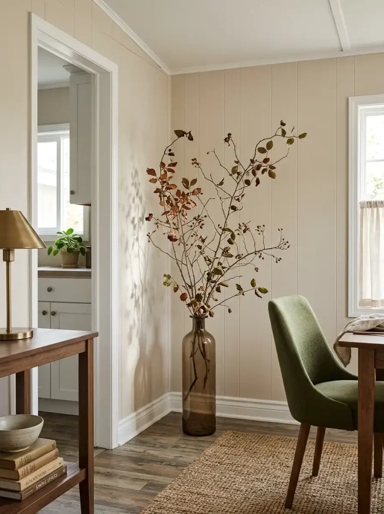 Tall sparse autumn branches in a smoked brown vase decorating an empty mobile home living room corner