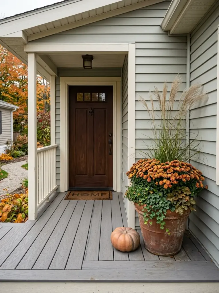 Tall fall planter with ornamental grasses, rust-gold mums, low foliage, and a small pumpkin beside a mobile home door.