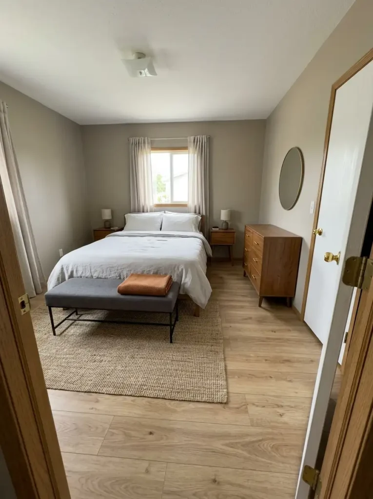 Mobile home bedroom with slim bench at foot of bed and clear walking space for practical fall decor.