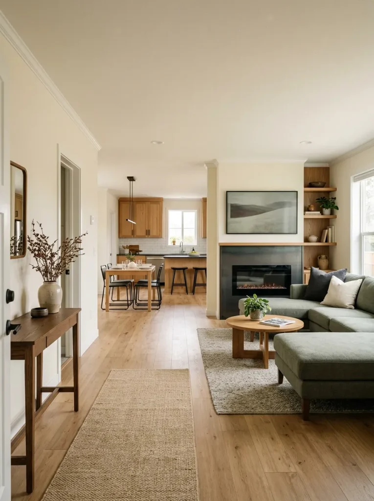 Front-door sightline through a double wide with the living-room focal wall leading, restrained dining decor supporting it, and a quieter kitchen beyond.