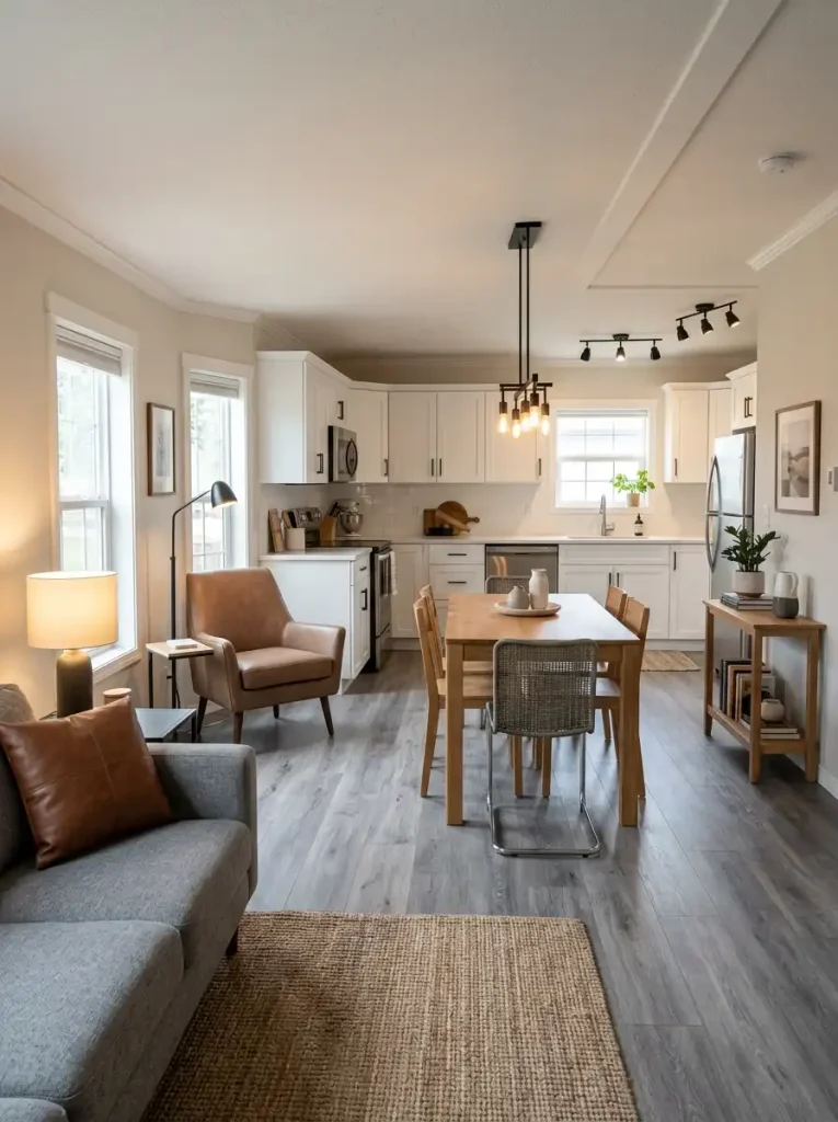 The fixed floor is not hidden; the surrounding materials are chosen to make its cooler undertone feel intentional.