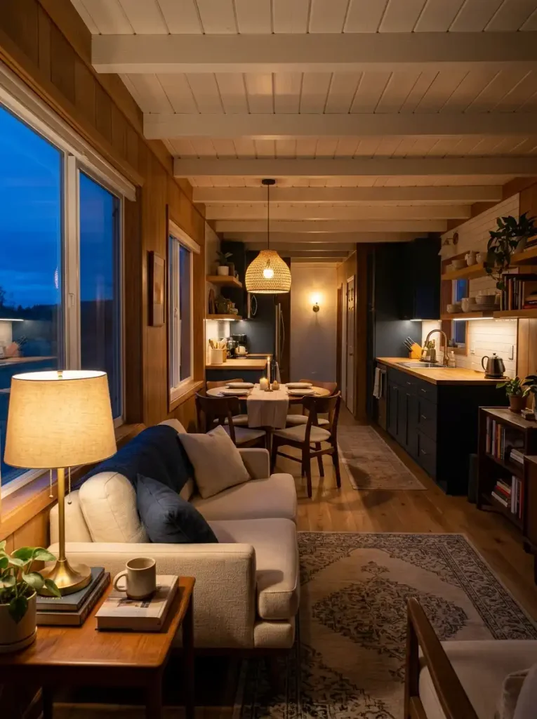 Single-wide interior at night with foreground, midground, and background lighting visible along one long view.