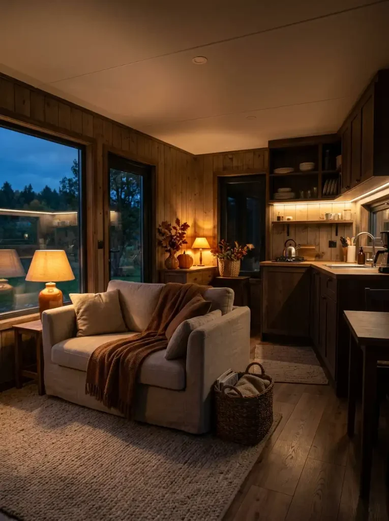 Cozy mobile home at dusk with layered ceiling light, table lamp, under-cabinet lighting, and warm fall decor