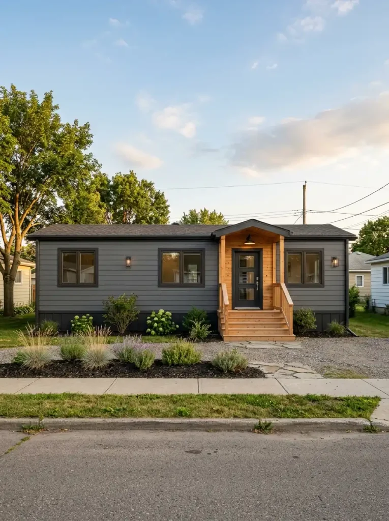 Renovated single wide exterior using a dominant siding color, dark contrast trim, and warm wood at the entry.