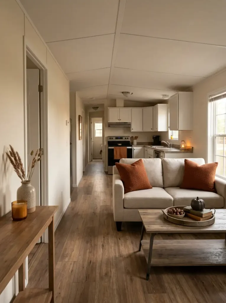 Open-plan mobile home with coordinated fall accents visible at the entry, living room, and kitchen along one sightline.