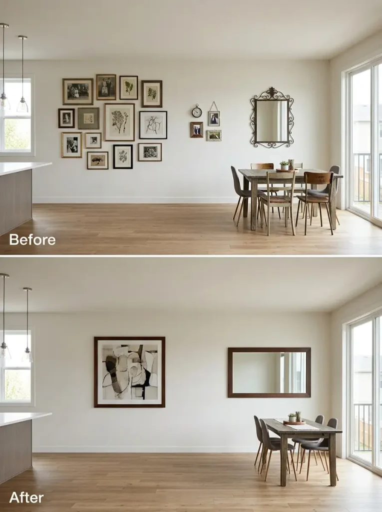 Before-and-after view of a long living and dining wall changed from separate décor groupings to one coordinated composition.