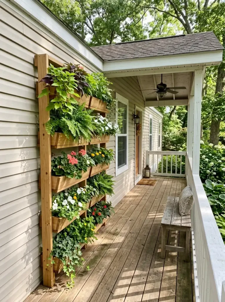 Mobile home porch with stacked wooden vertical planters filled with green foliage and summer flowers along the exterior siding.