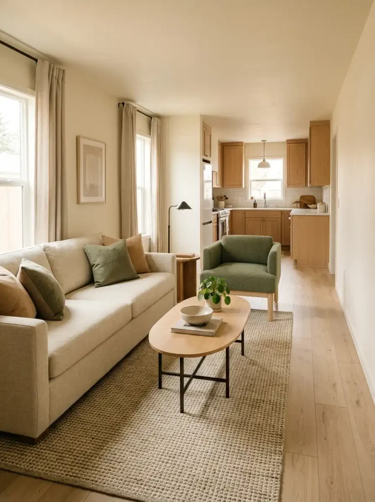 Single wide mobile home living room with a sofa and compact accent chair positioned at a 90-degree angle around an oval coffee table.