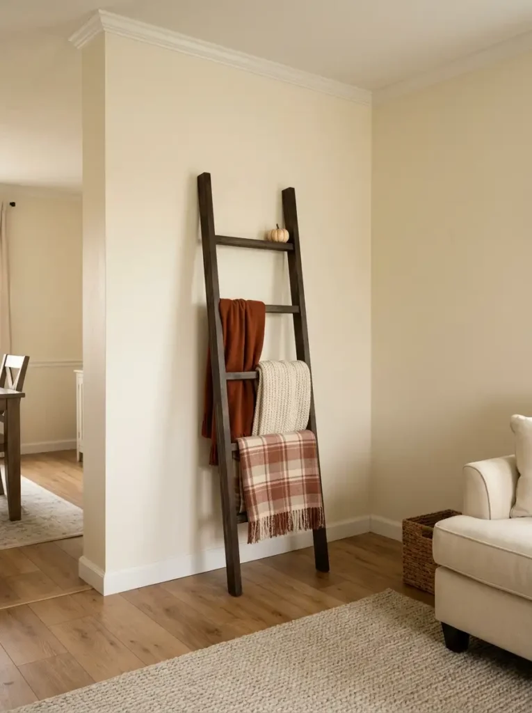 Slim dark blanket ladder against an ivory wall with rust, cream, caramel, and muted plaid throws in a single wide living room.