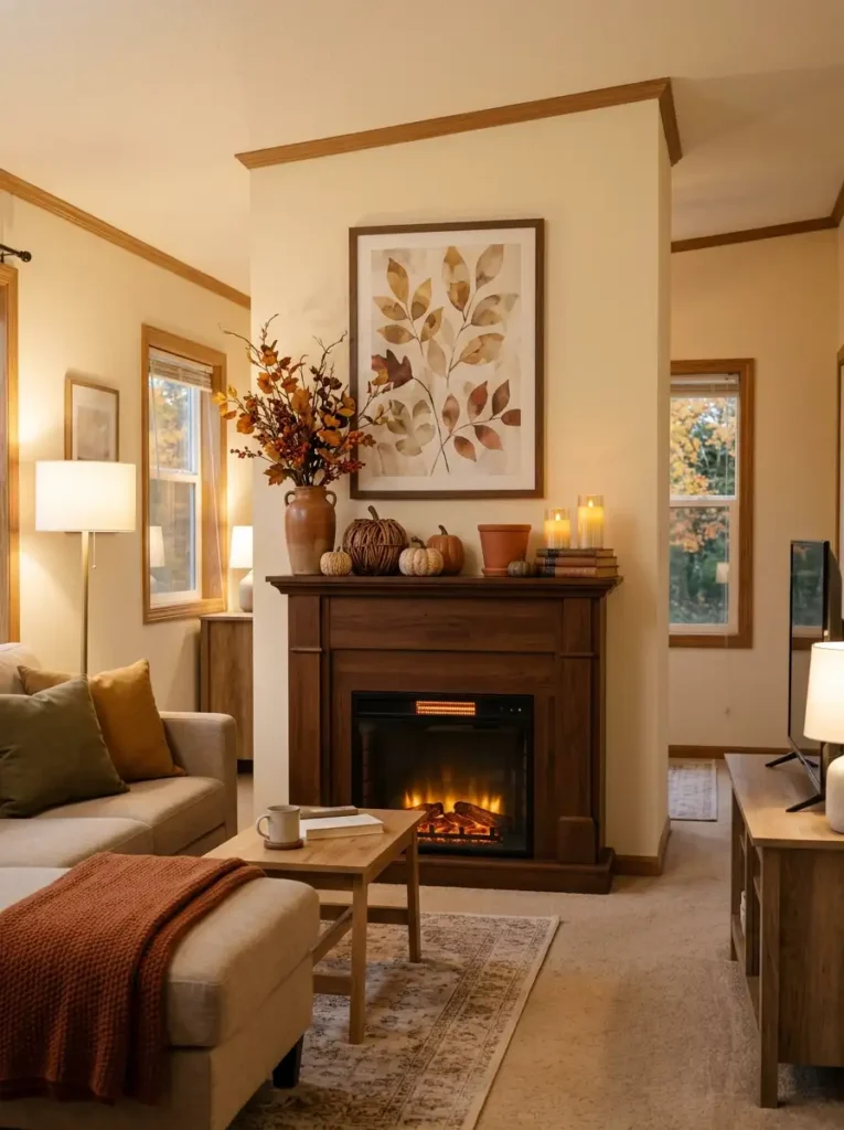 Fall mobile home living room with decorated fireplace mantel, autumn branches, ceramic pumpkins, candles, neutral sofa, and warm earthy colors.