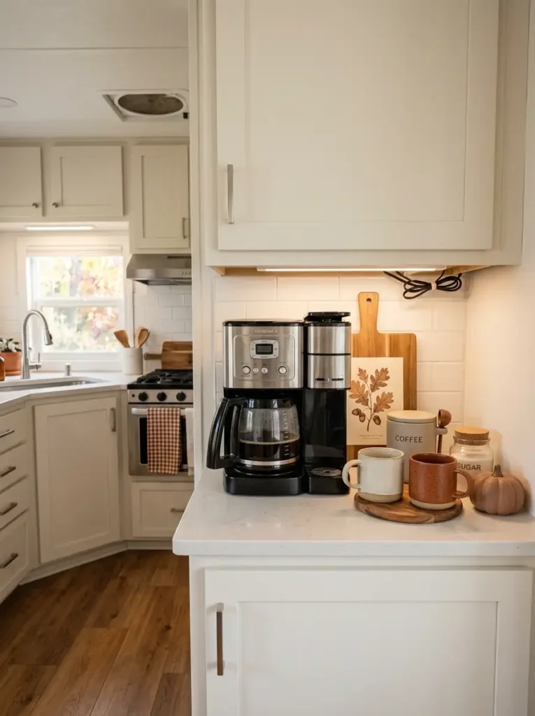 Fall coffee station in a mobile home kitchen with coffee maker, mugs, amber jar, small pumpkin, and autumn branch decor.