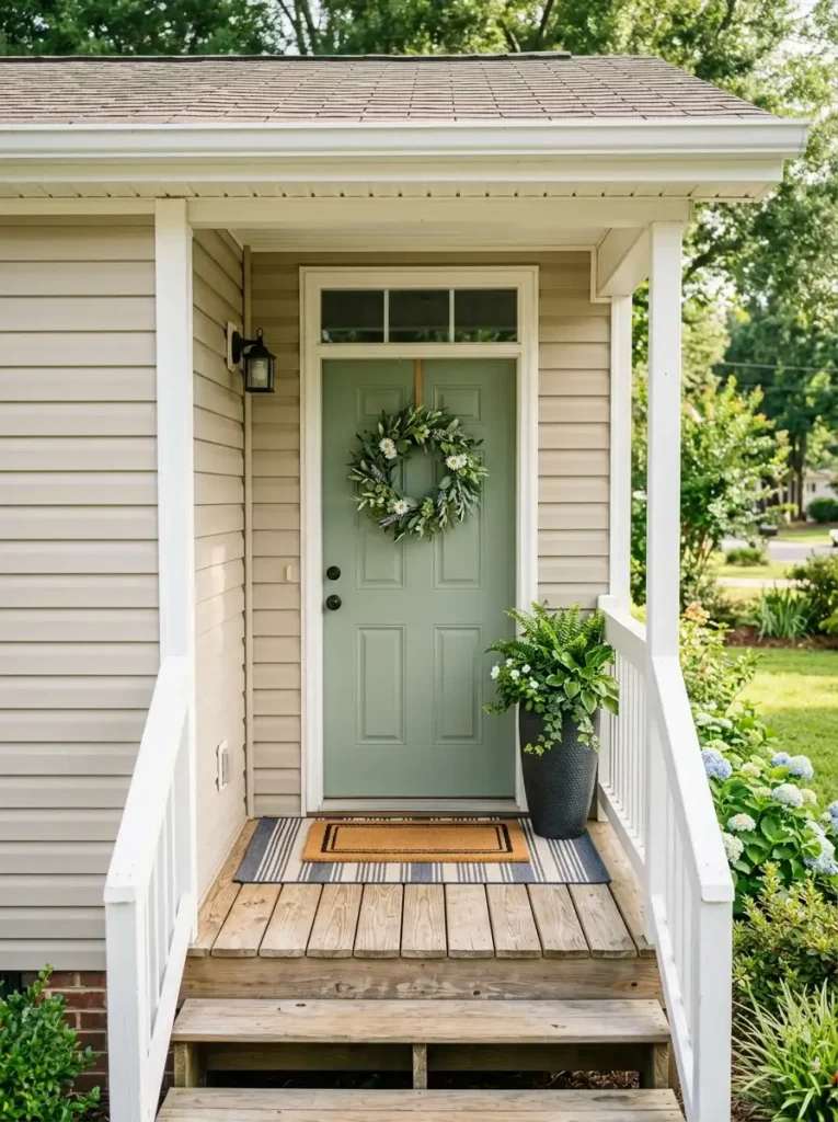 Mobile home front porch entry with summer wreath, layered doormats, tall planter, and coordinated front door decor.